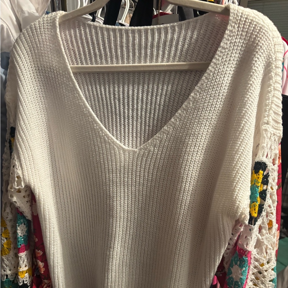SHEIN White V-Neck Sweater with Colorful Sleeves